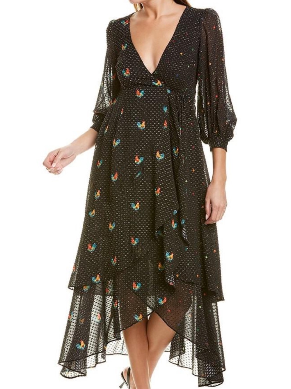 Farm Rio Mixed Roost Wrap Dress - Roosters , Metallic Threads Black size Small